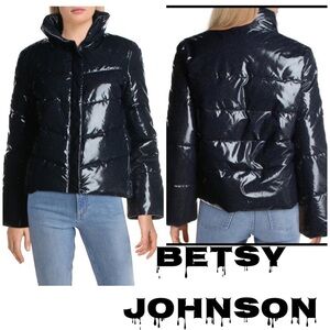 Betsey Johnson Womens Betsey's Best Quilted Glitter Puffer Jacket navy